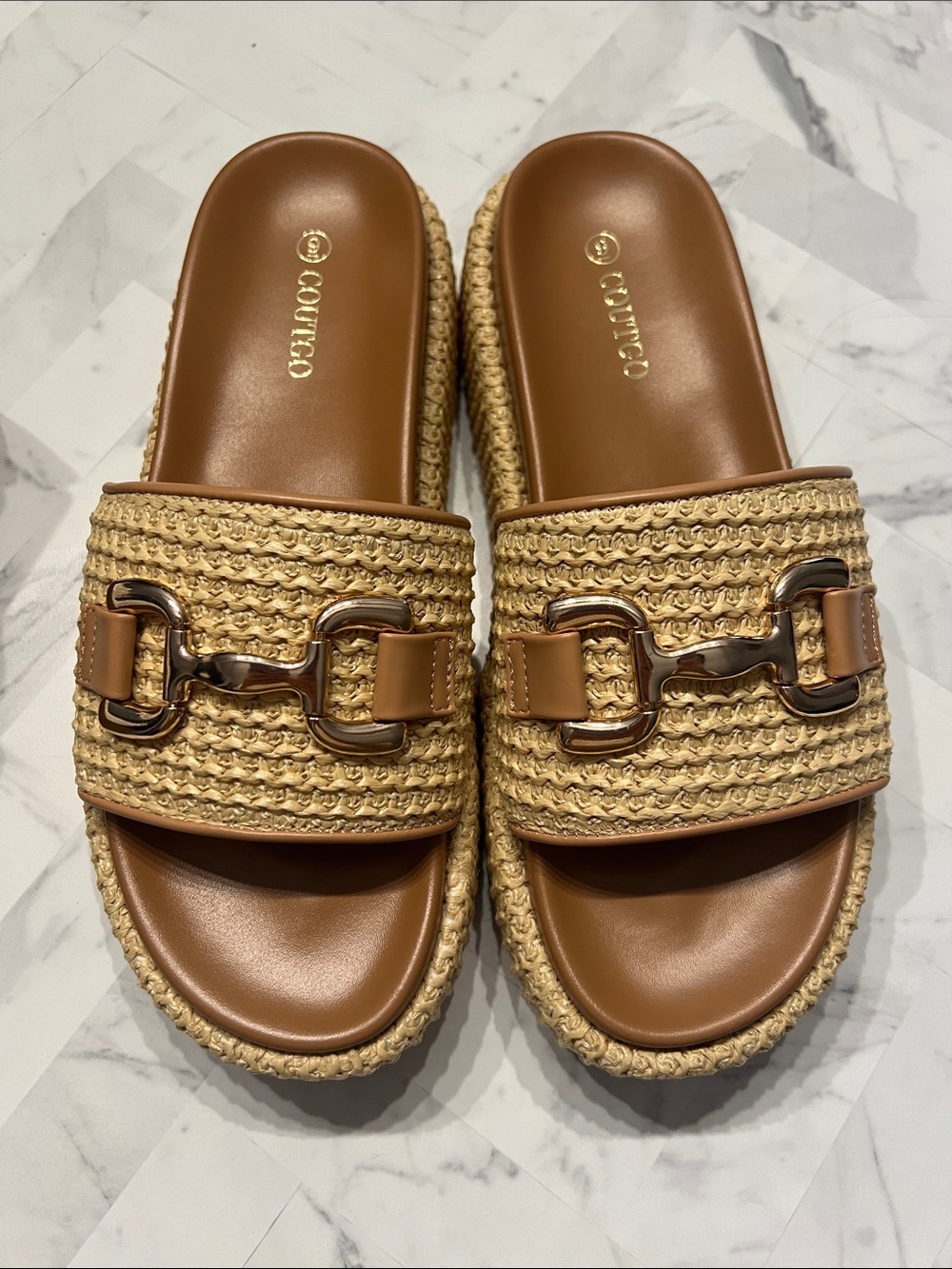 Coutico Tan Woven Raffia Slide with Gold Chain Accent
